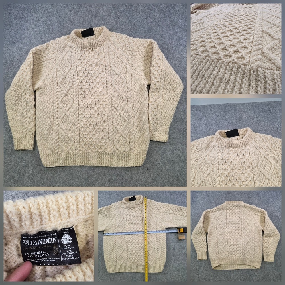 Standun Sweater Mens XL? White Wool Aran Cable Knit Crewneck Pullover Ireland
